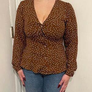 Brown and white polka dot blouse. 2000s